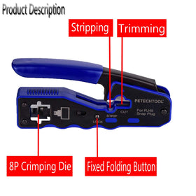 PETECHTOOL crimp tool side view highlighting compact, one-handed design.