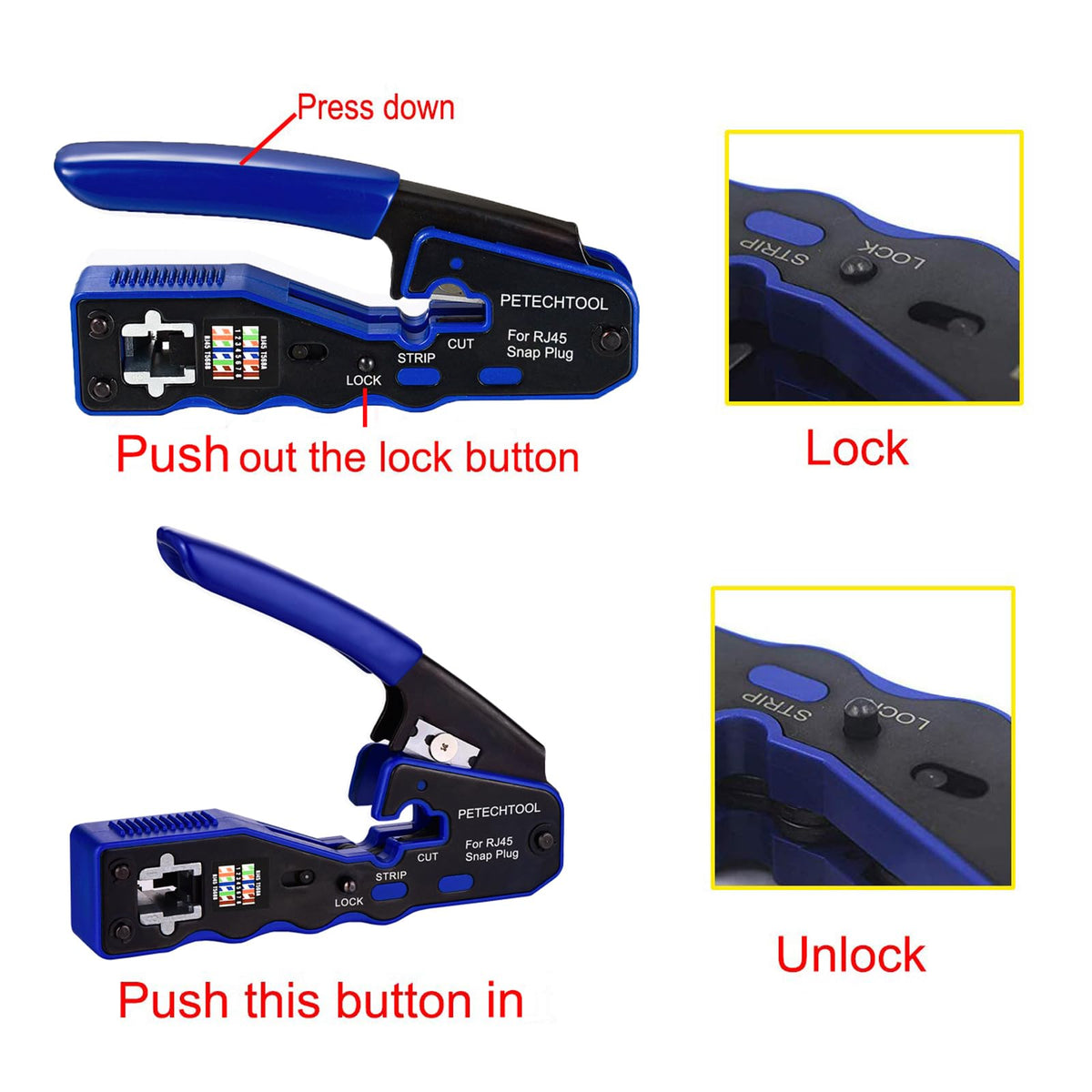 PETECHTOOL RJ45 one-handed operation aids quick cable terminations in tight spaces.