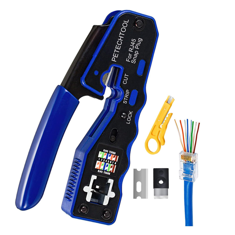 PETECHTOOL RJ45 pass-through crimp tool enables precise network connector crimps.