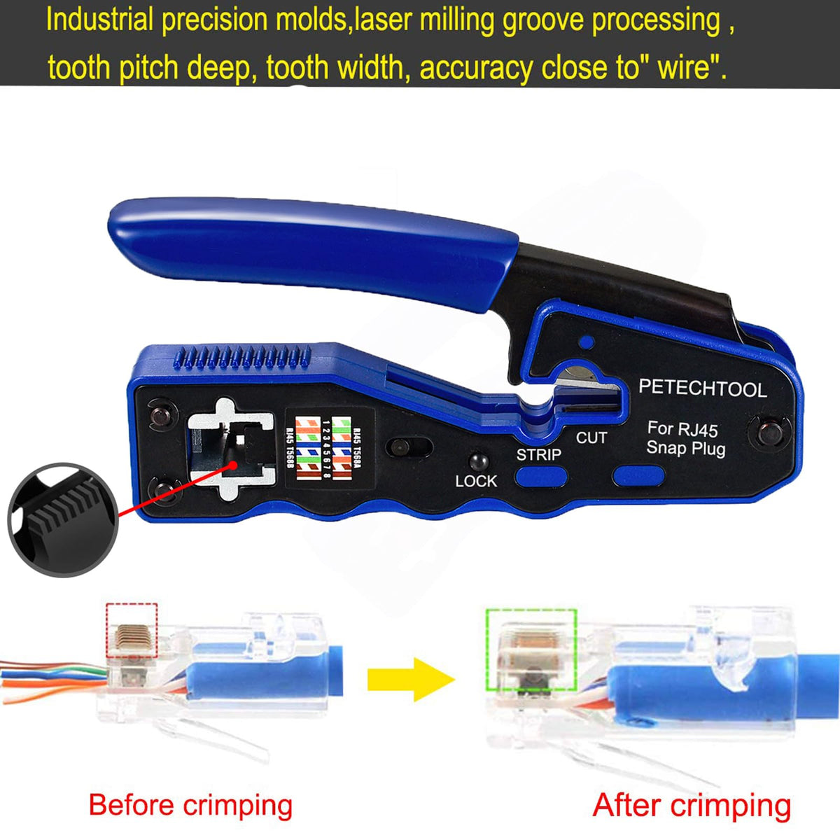 PETECHTOOL RJ45 replaceable blade keeps crimps neat and blade secure.