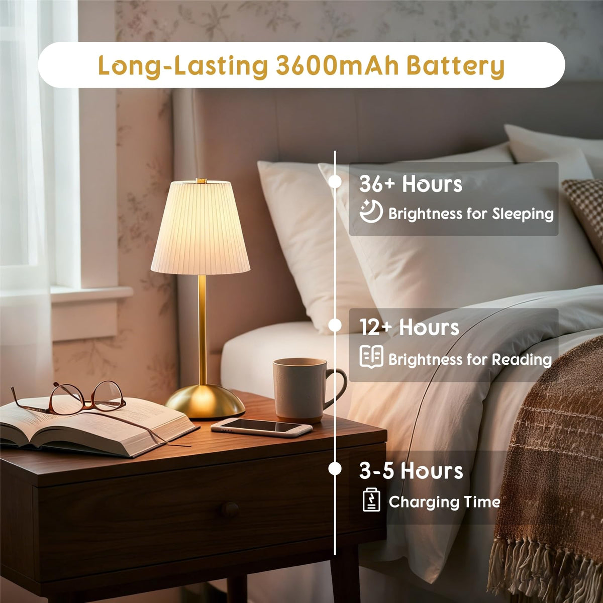 PetiitLyt cordless lamp on a nightstand highlighting extended battery life.