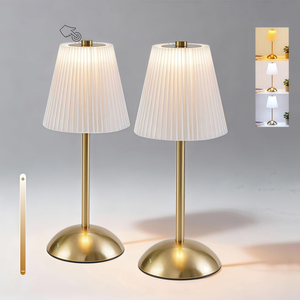 PetiitLyt 2-Pack cordless table lamps with pleated shade provide a warm, inviting glow.