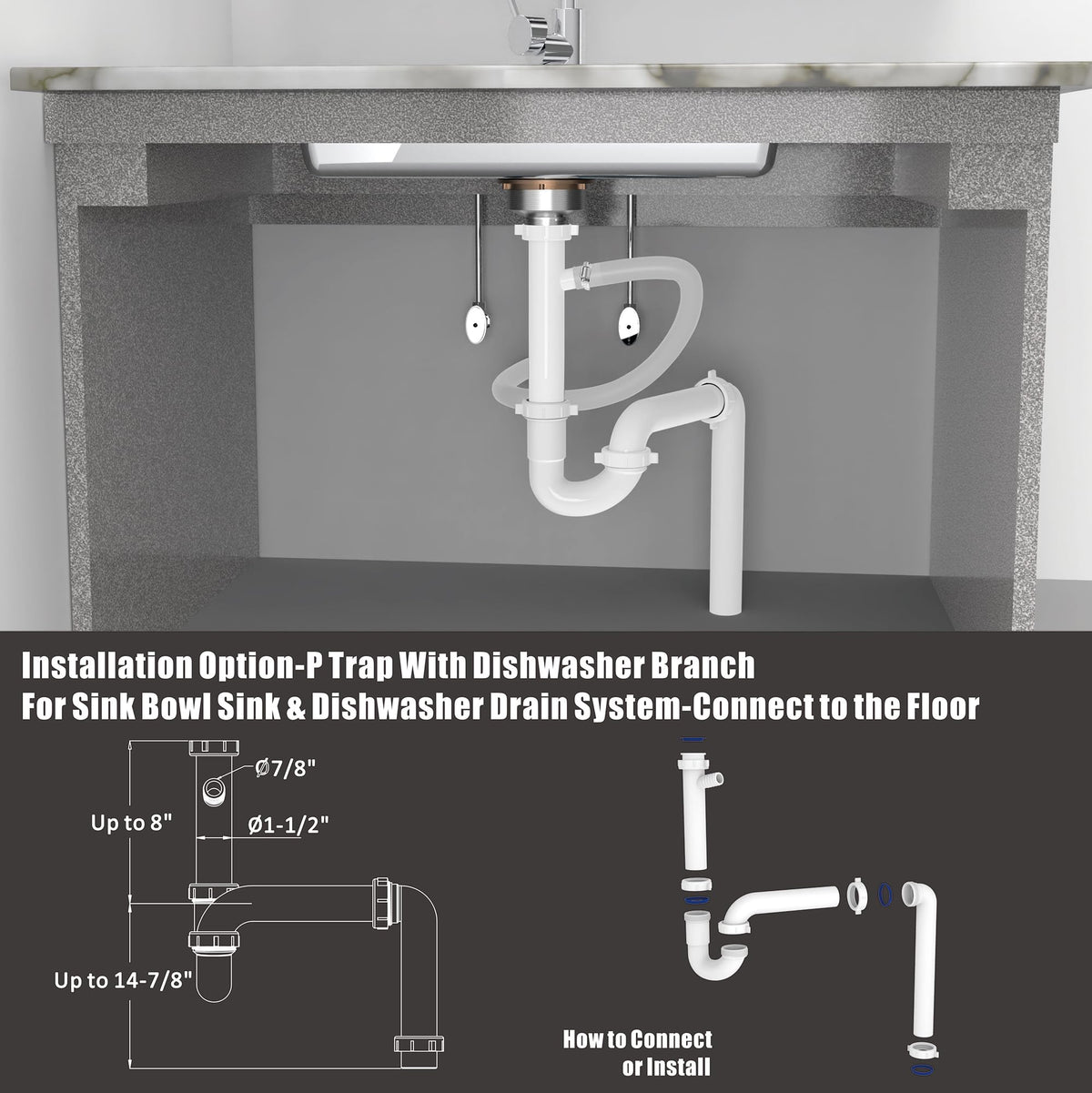 PetrelWing tailpiece image demonstrates dishwasher connection and easy setup.