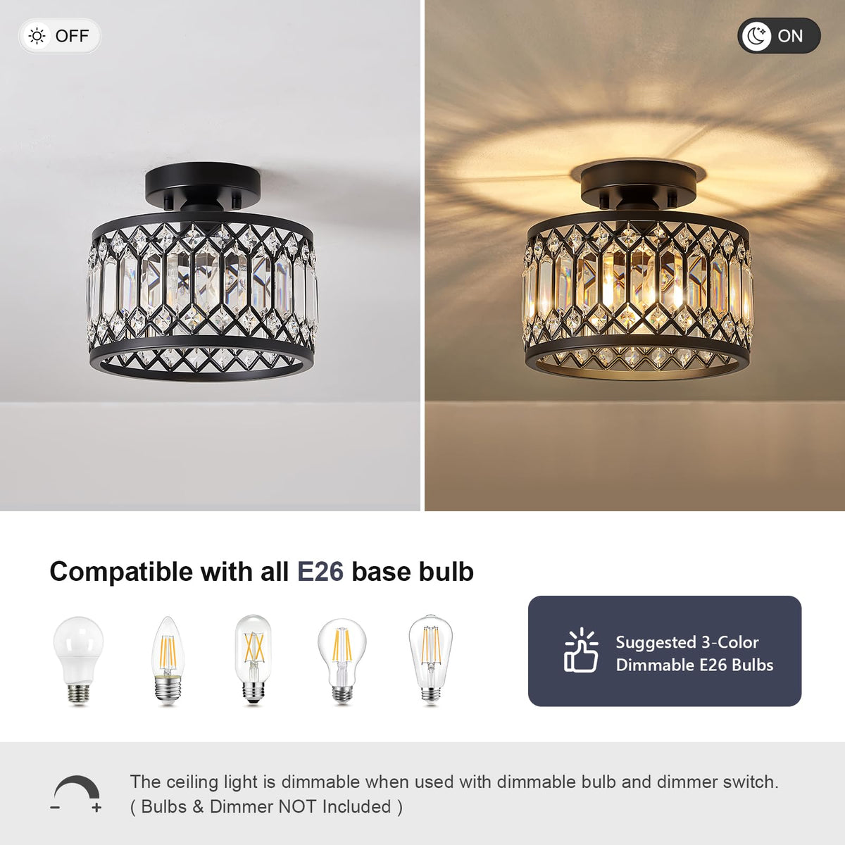 Pevfah Crystal Black Ceiling Light fits small spaces with 9-inch round size.