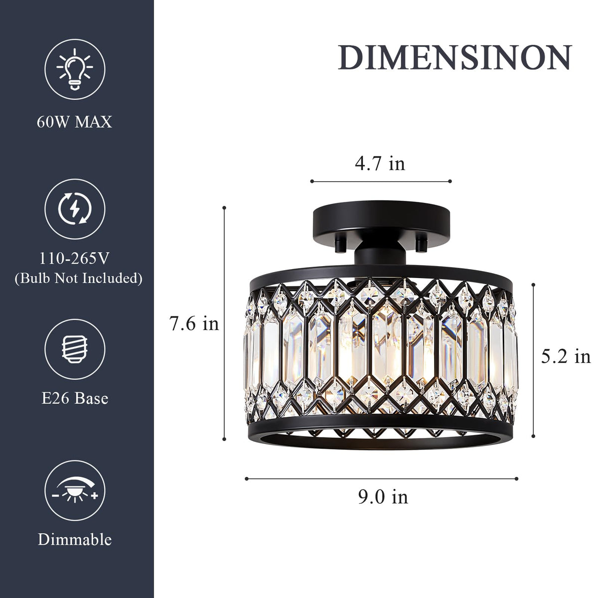 Pevfah Crystal Black Ceiling Light includes mounting hardware and instructions.