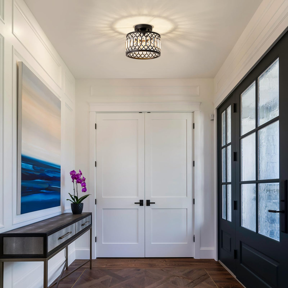Pevfah Crystal Black Ceiling Light compatible with dimmable bulbs for adjustable ambience.