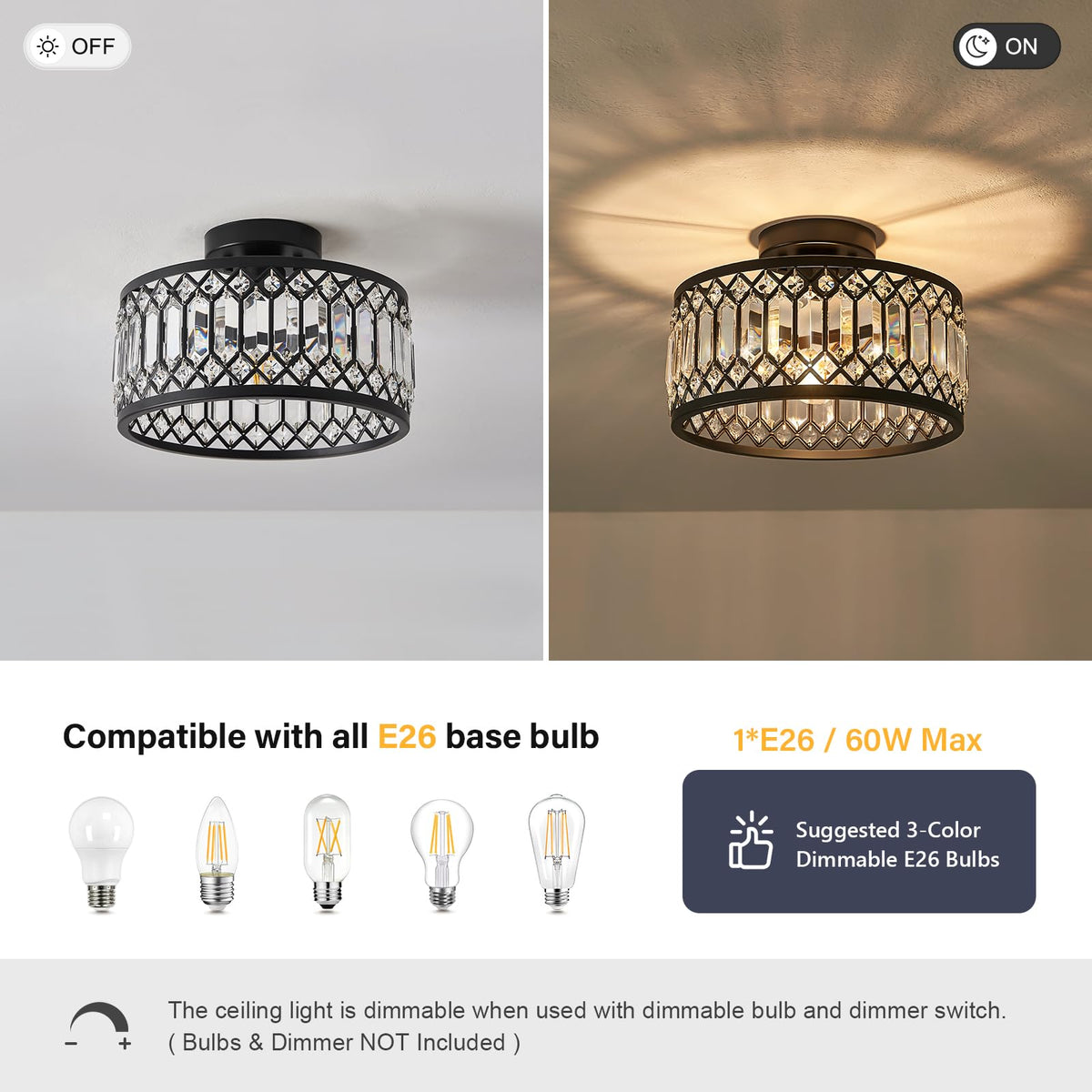 Pevfah E26 bulb compatibility supports LED or traditional bulbs.