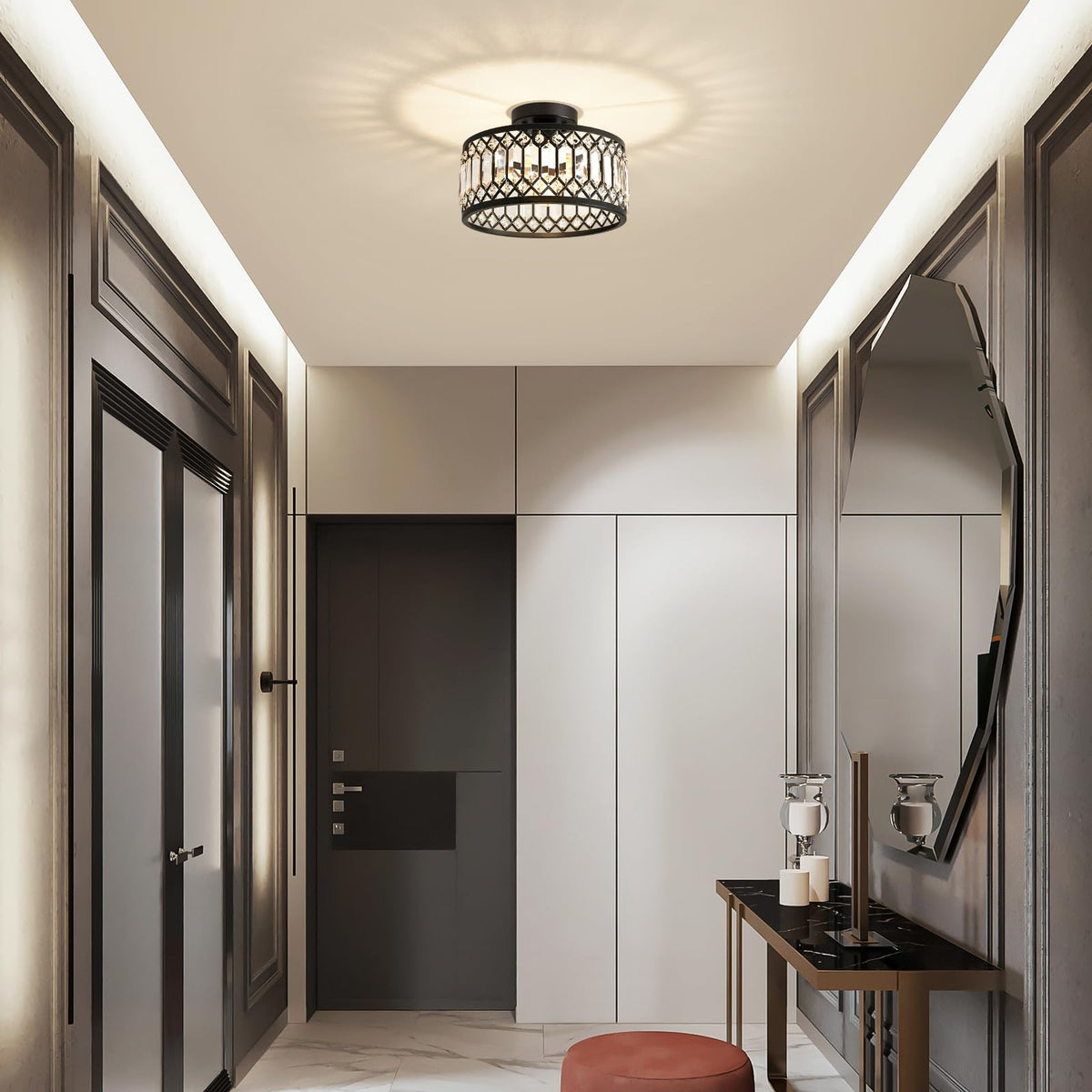 Pevfah matte black frame view shows modern dining room and hallway compatibility.