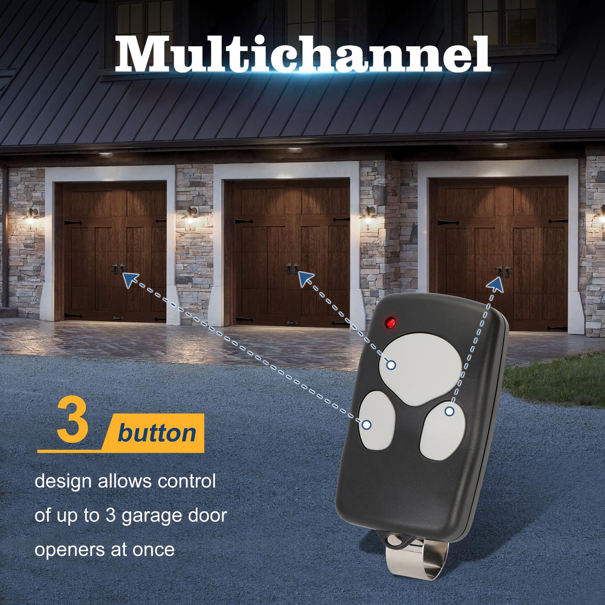 Pevxou 372310 remote features a 3-button design for multiple openers.