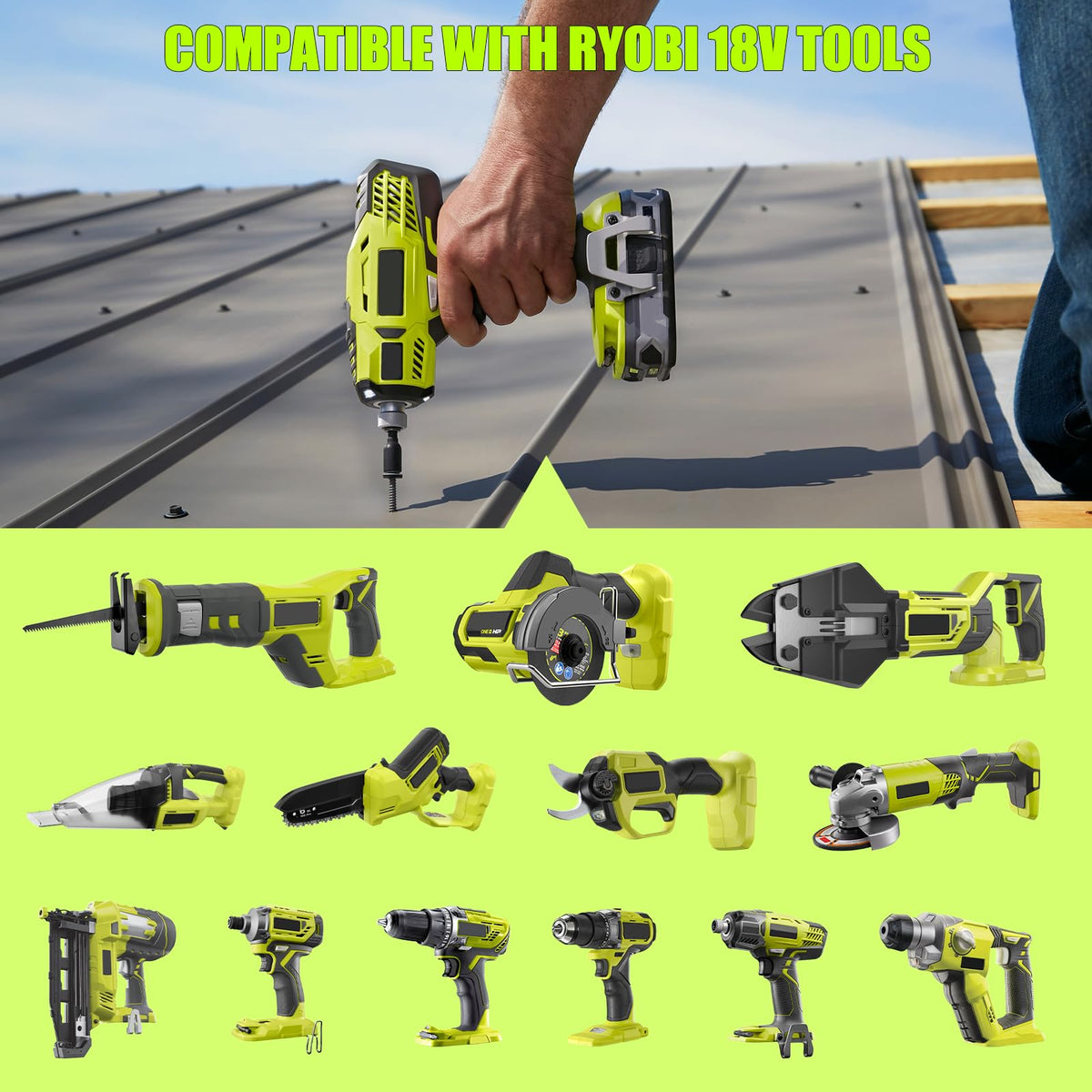 PEYESTEN Ryobi 18V battery compatibility labels highlight model coverage