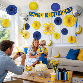 Peywot 8-inch navy blue paper fan enhances ceiling decor.