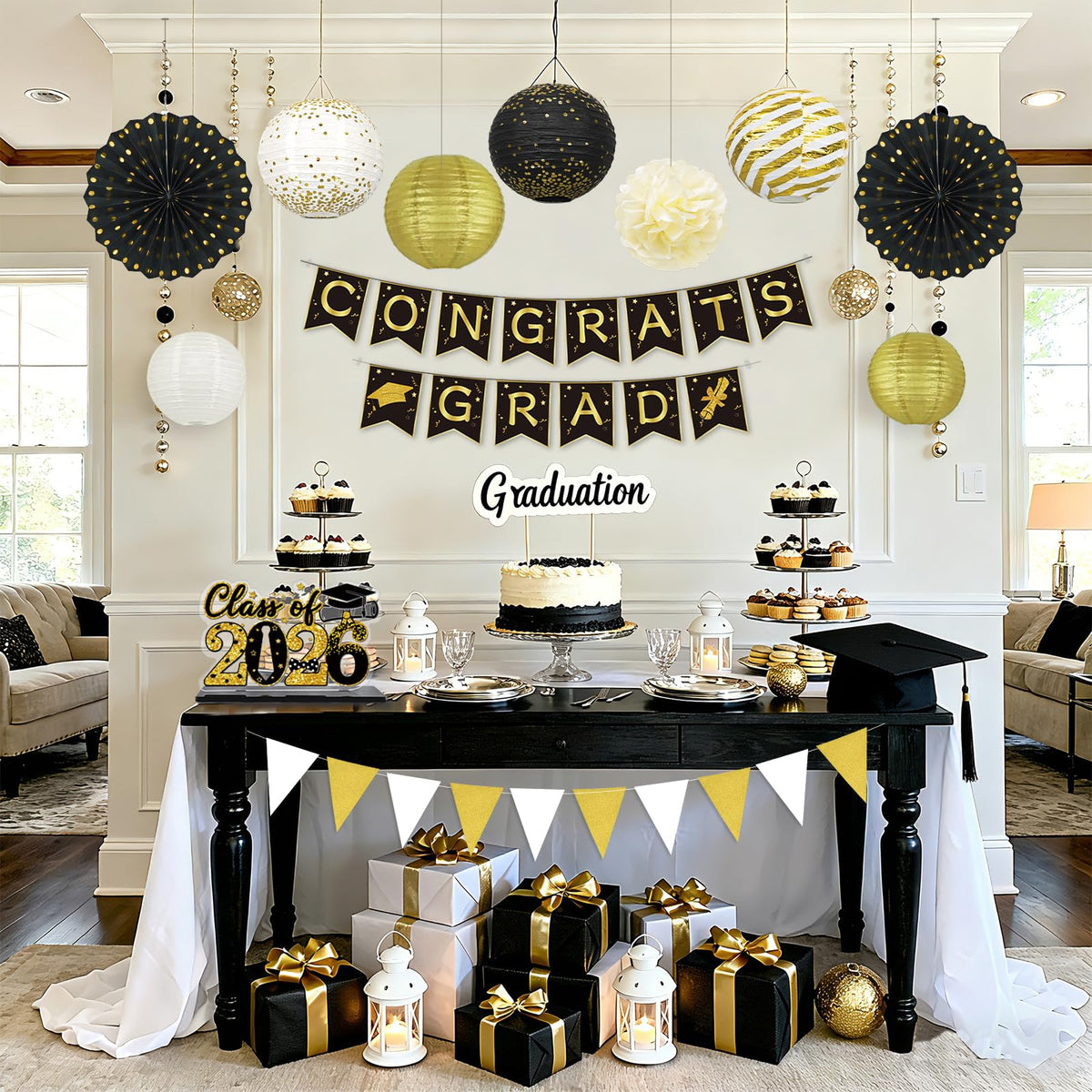 Peywot black-gold lantern 8in adds a compact upscale decor touch.