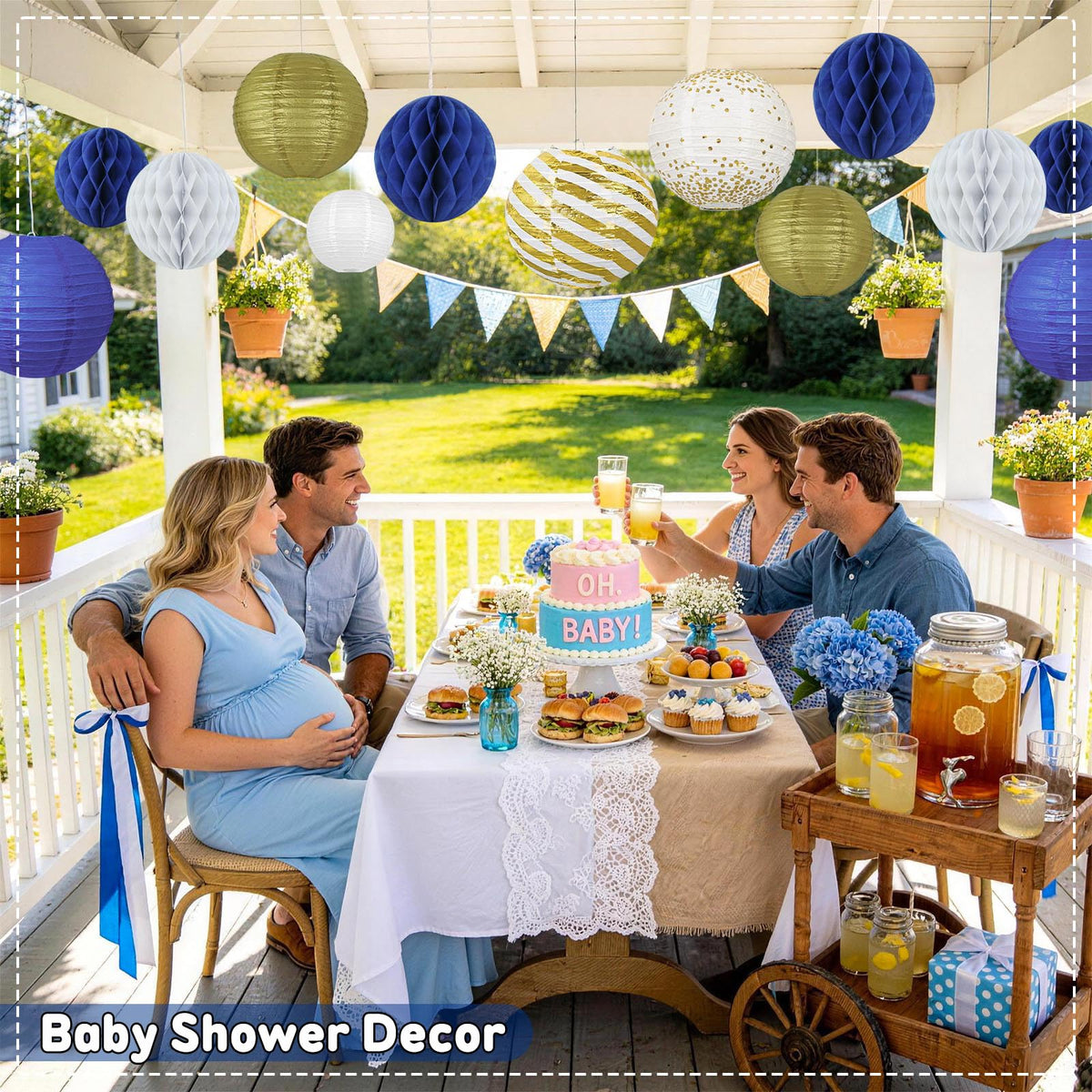 Peywot navy gold lanterns hanging to create depth and dimension.