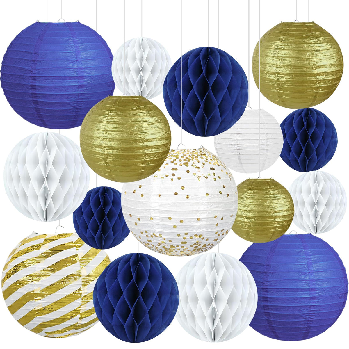 Peywot blue and gold lanterns 10in for an elegant graduation backdrop.