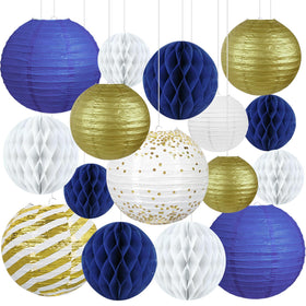 Peywot blue and gold lanterns 10in for an elegant graduation backdrop.
