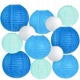 Peywot blue 12in paper lanterns brighten ceilings and backdrops for celebrations.