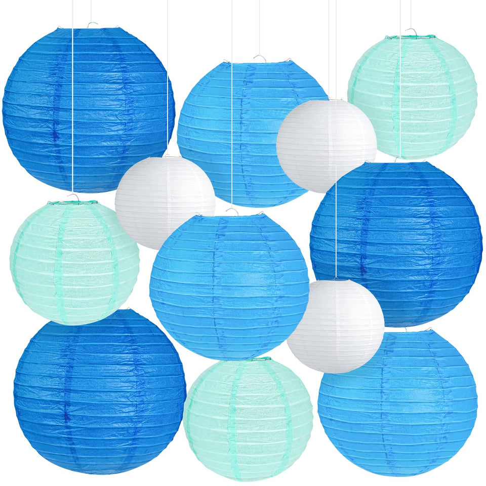 Peywot blue 12in paper lanterns brighten ceilings and backdrops for celebrations.