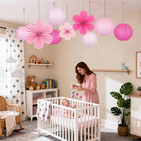 Peywot hanging pink lanterns for quick, stylish party setup.