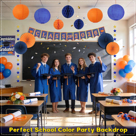 Peywot orange-navy paper lanterns create vivid overhead decor