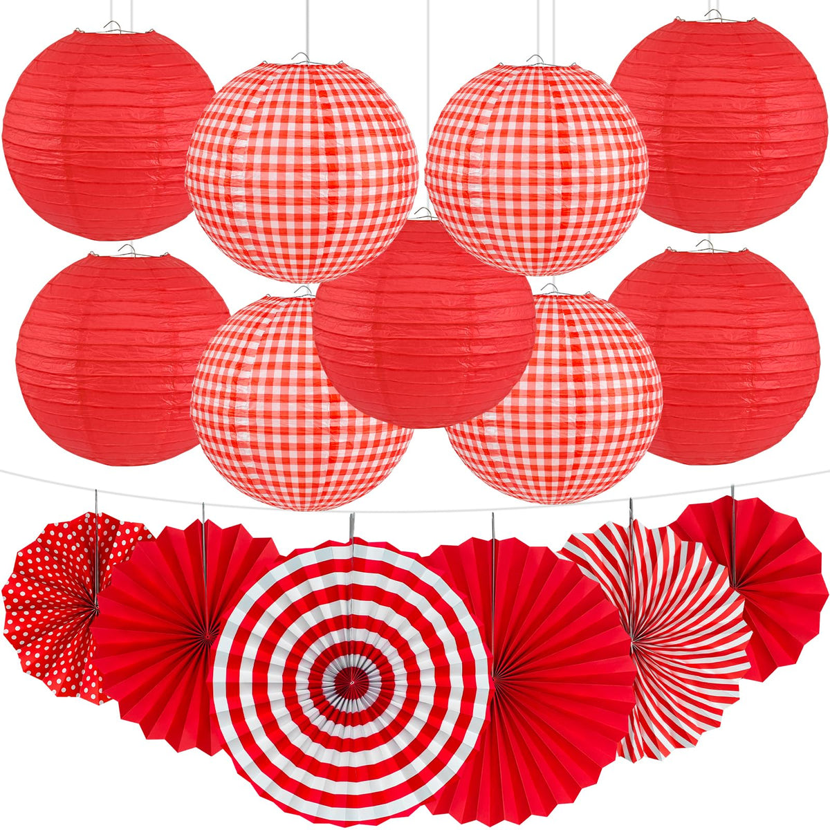 Peywot red gingham lanterns and paper fans create a vibrant pizza party backdrop