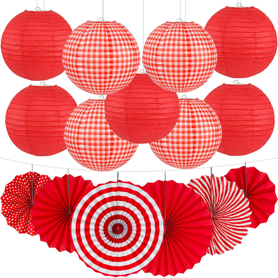 Peywot red gingham lanterns and paper fans create a vibrant pizza party backdrop