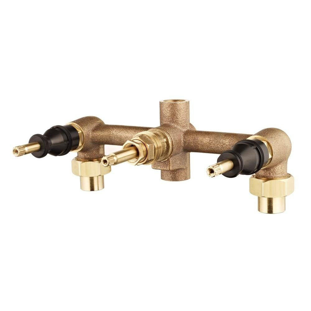 Pfister 00131XA rough-in valve designed for 3-hole setups, enabling precise water control.