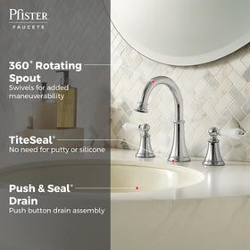 Pfister Courant polished chrome finish provides lasting shine in busy bathrooms.