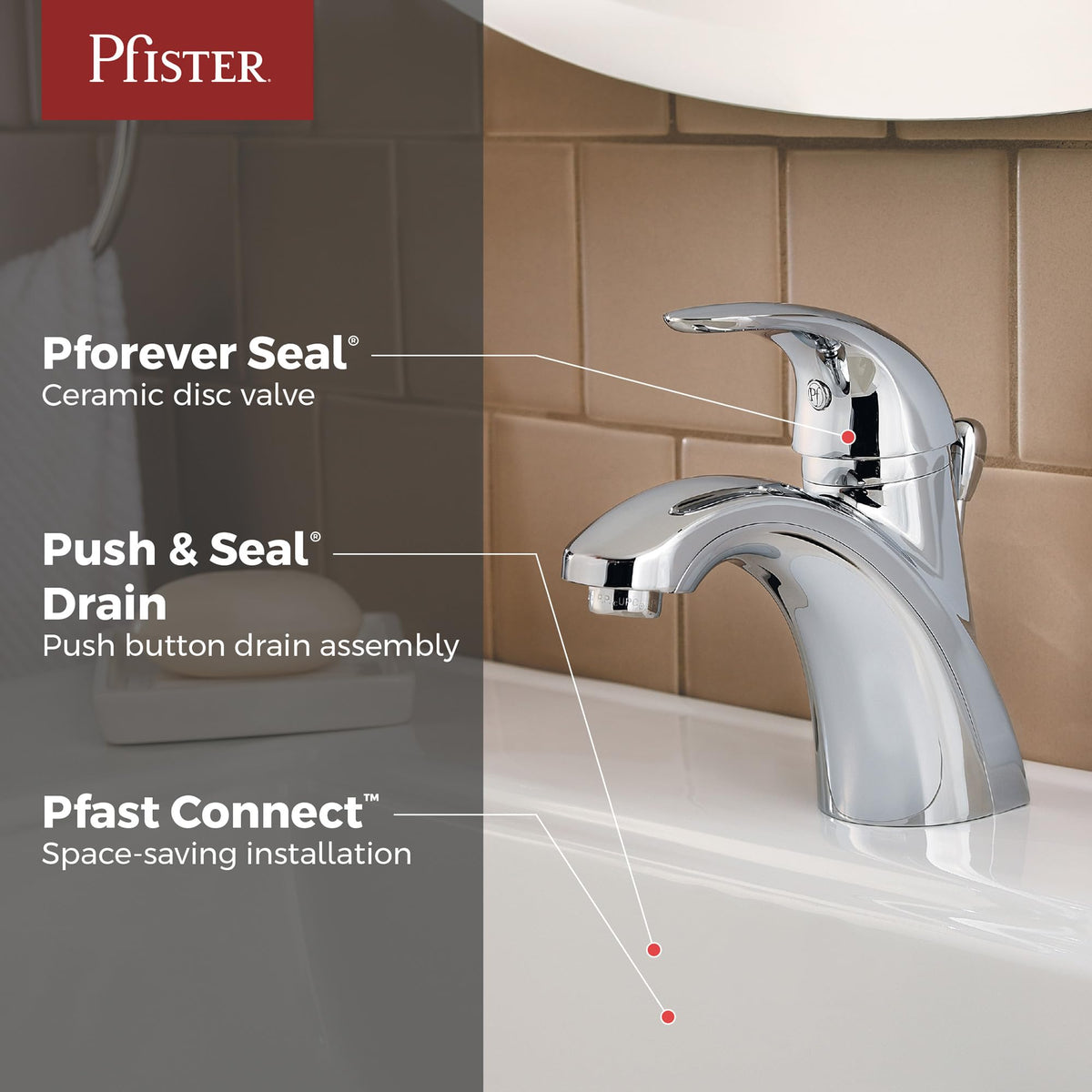 Pfister Parisa push-and-seal drain shown for simple tool-free installation.