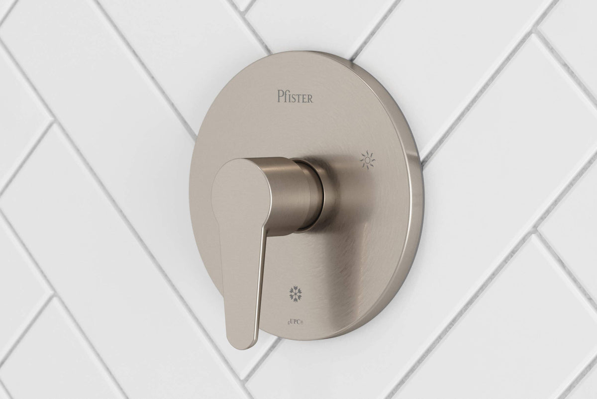 Pfister Pfirst Modern valve trim brushed nickel handle detail for precise control