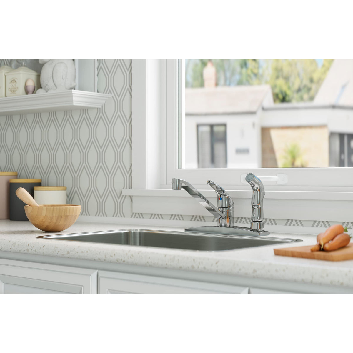 Pfister Pfirst Series compact design fits standard sinks without crowding the workspace.