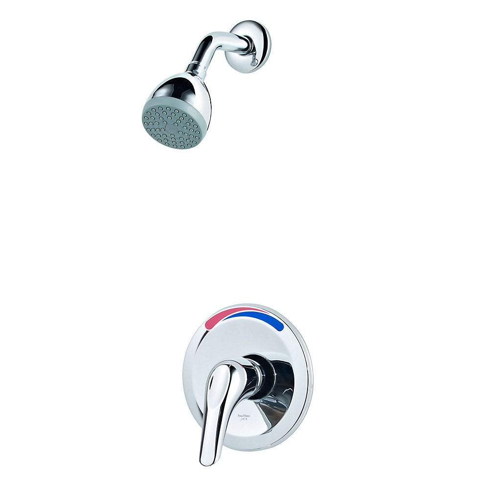 Pfister Pfirst Series shower trim in polished chrome with quick-install wall flange for easy setup.