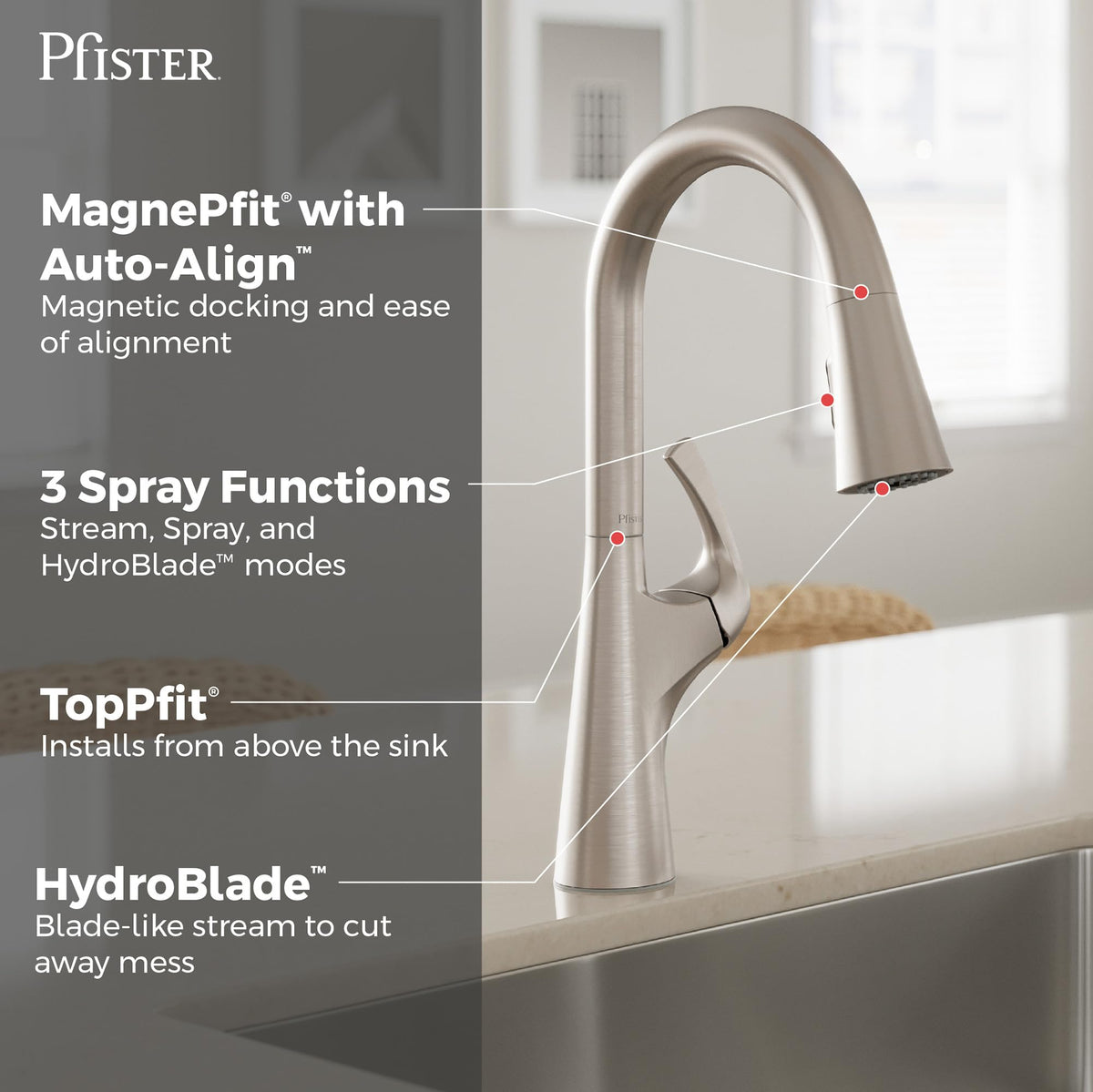 Pfister Talega hydroblade spray head delivers powerful rinse for stubborn messes.