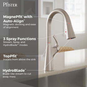 Pfister Talega hydroblade spray head delivers powerful rinse for stubborn messes.