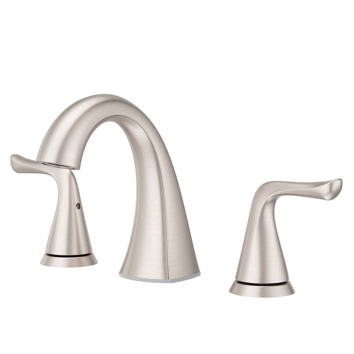 Pfister Willa 8-inch widespread faucet with traditional and modern vanities.