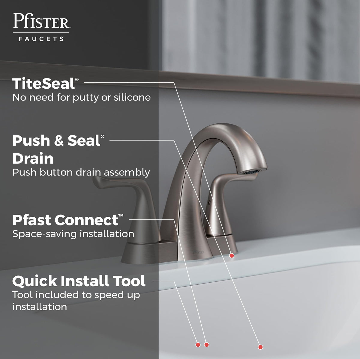 Pfister Willa push-seal drain closeup demonstrating quick, tool-free sealing