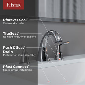 Close-up of Pfister Willa spout and dual handles for smooth operation