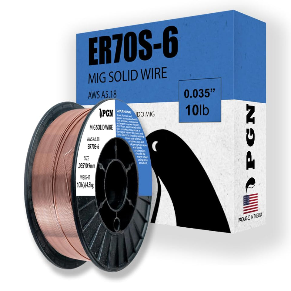 PGN solid MIG welding wire ER70S-6 0.035 in spool with low splatter for clean beads.