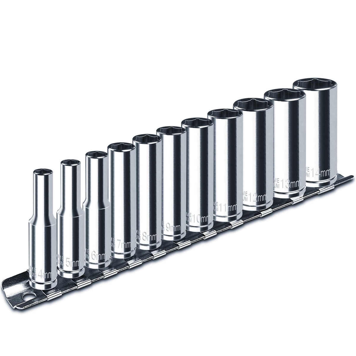 Pgroup 1/4 drive deep sockets arranged by size for quick selection