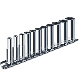 Pgroup 1/4 drive deep sockets arranged by size for quick selection