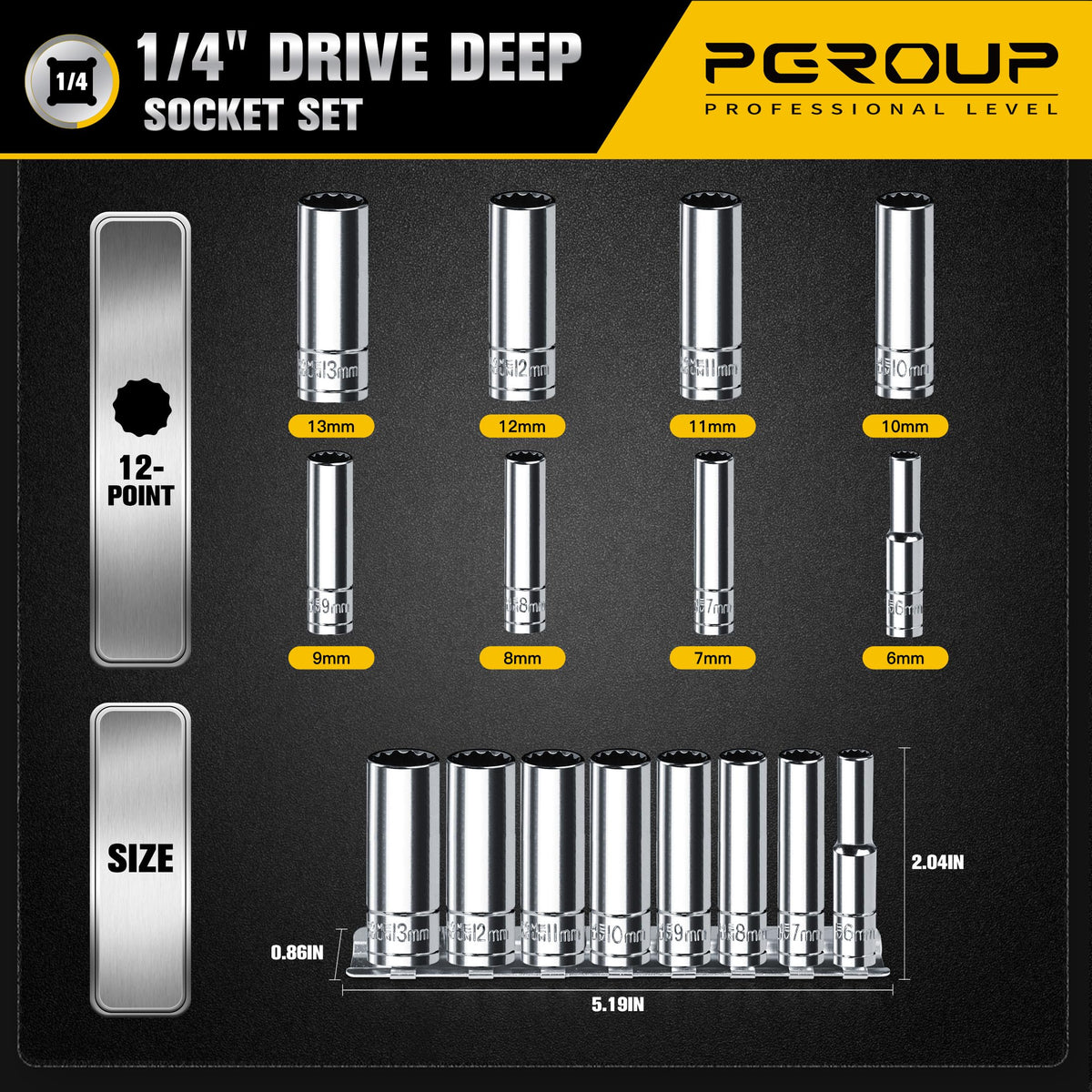 Pgroup 8-socket set in sturdy holder for organized storage.