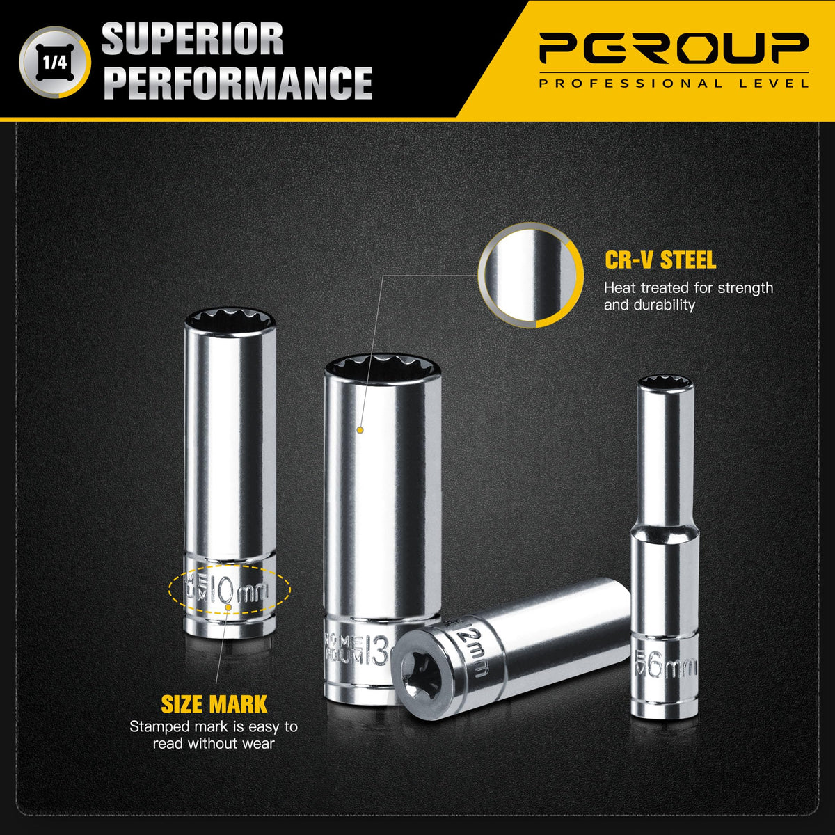 Pgroup chrome vanadium socket with mirror finish resists wear.