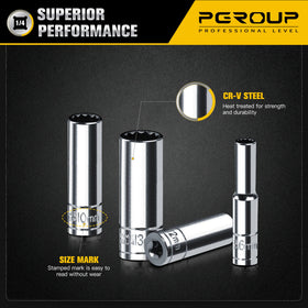 Pgroup chrome vanadium socket with mirror finish resists wear.