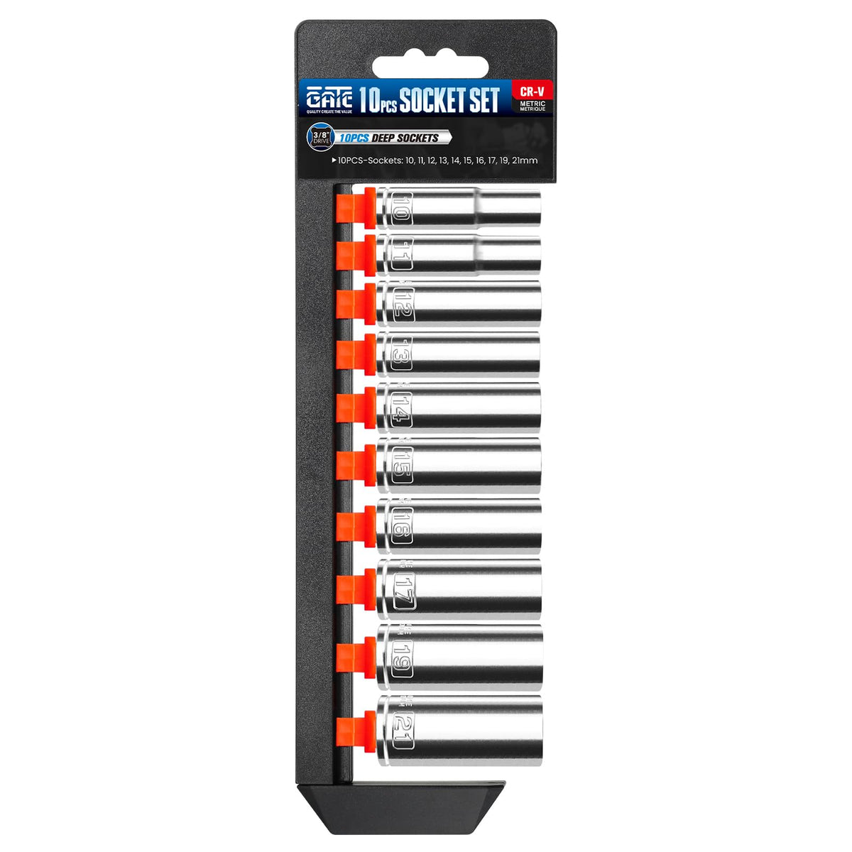 PGROUP deep socket set for 3/8 drive, covering 10–21 mm with six-point grip.