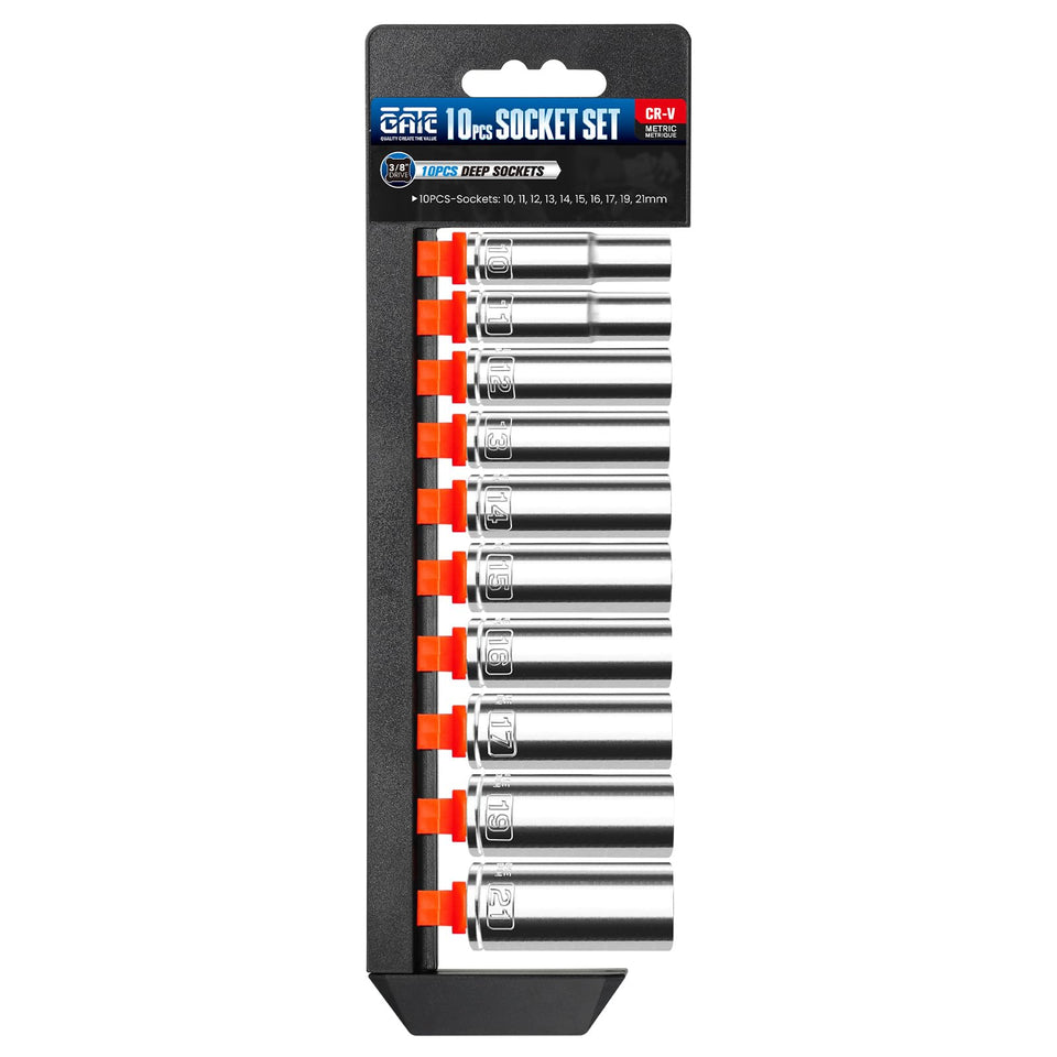 PGROUP deep socket set for 3/8 drive, covering 10–21 mm with six-point grip.