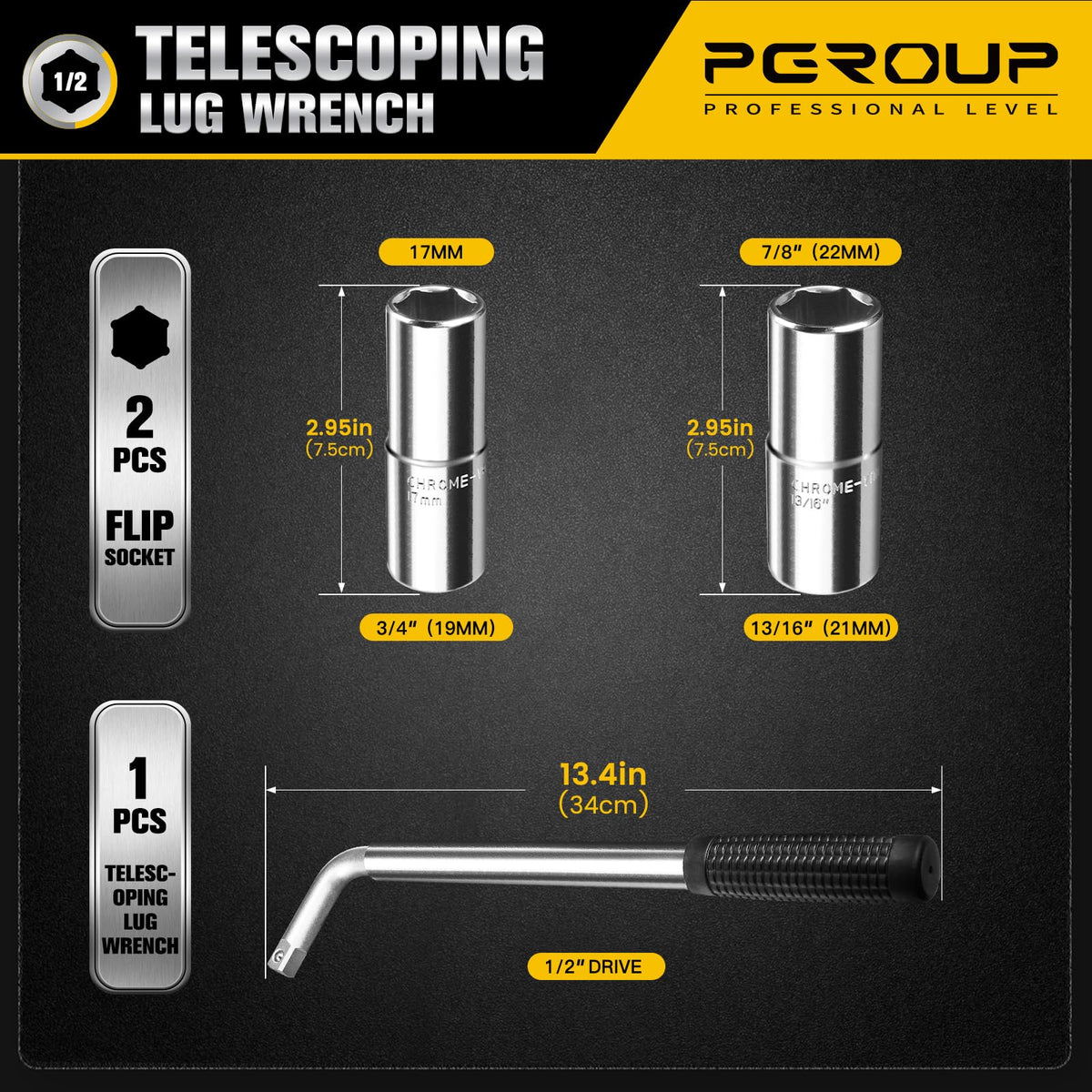 pgroup four‑way socket set includes 17 mm, 19 mm, 21 mm, and 22 mm