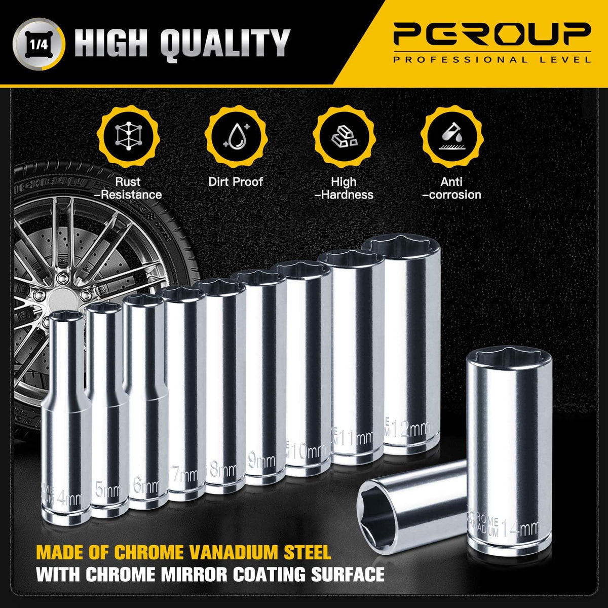 Pgroup sockets feature permanent stamped size markings for quick identification