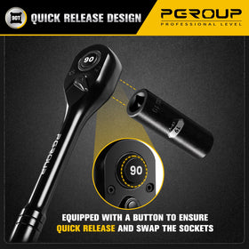 Pgroup quick-release button enabling fast socket changes.