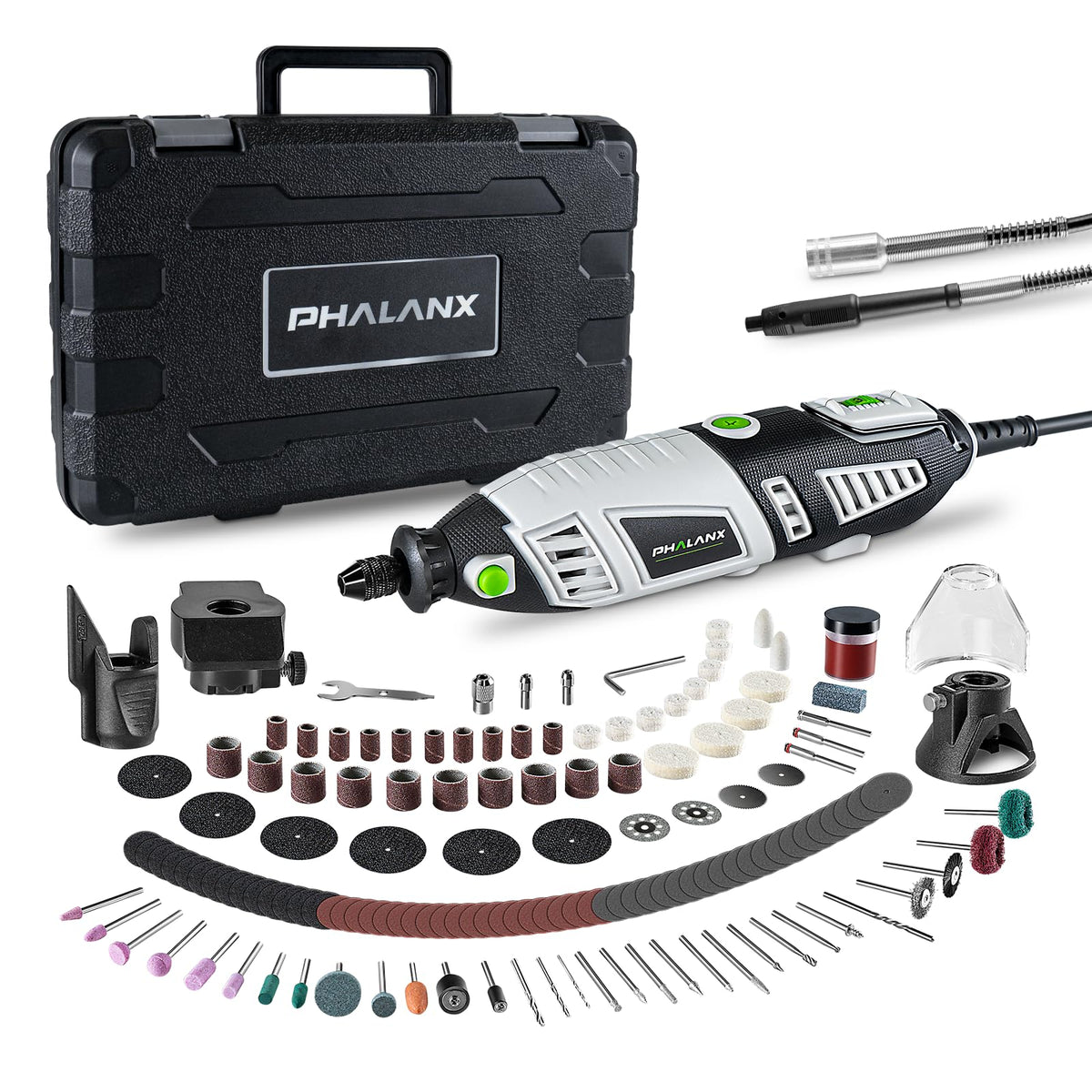 PHALANX 180W rotary tool powering through precise cuts and polishing.