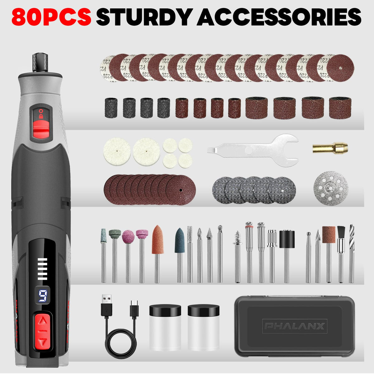 PHALANX 4V kit includes 60+ accessories for carving, sanding, and polishing.