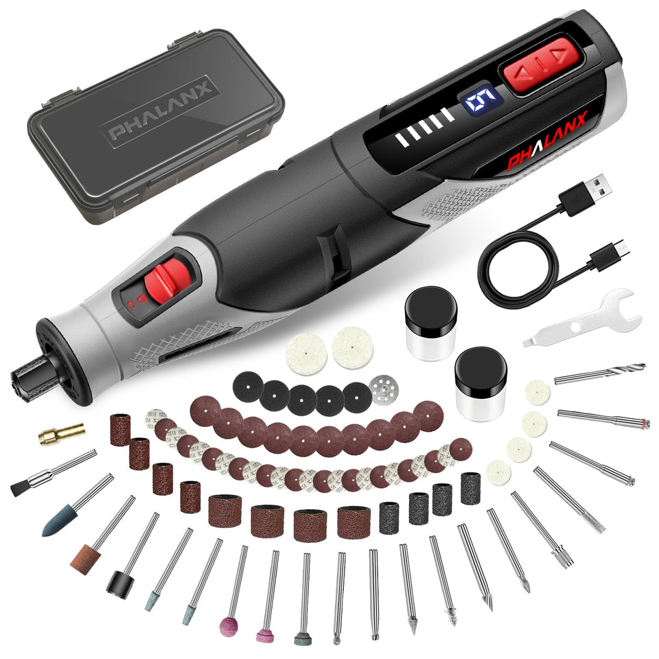 PHALANX 4V cordless rotary tool digital display enables precise control for detail work.